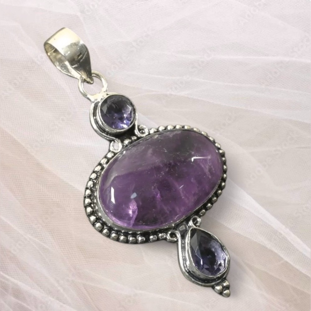 Handcrafted Purple Amethyst Sterling Silver Gemstone 2” Pendant